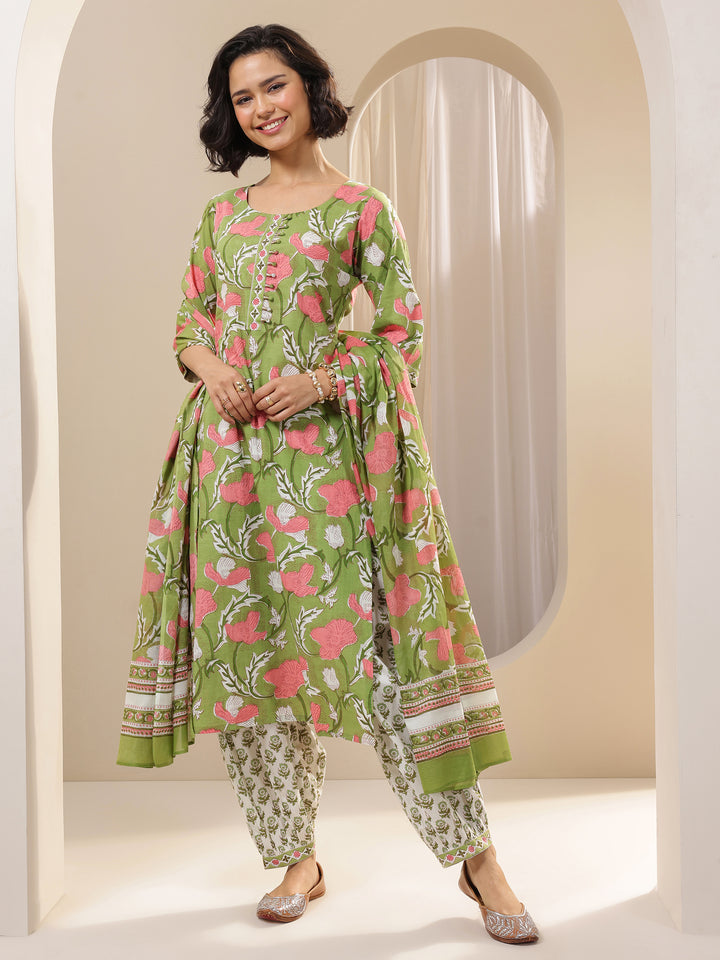 Green Printed Cotton Straight Suit Sets With Dupatta