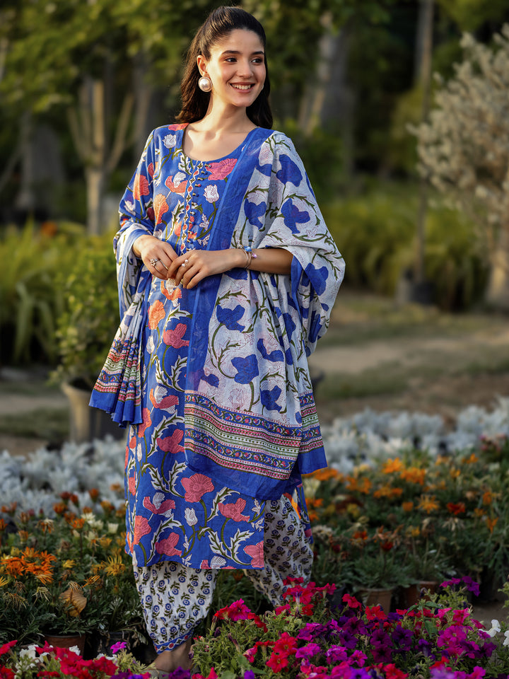 Blue Printed Cotton Straight Suit Sets With Dupatta