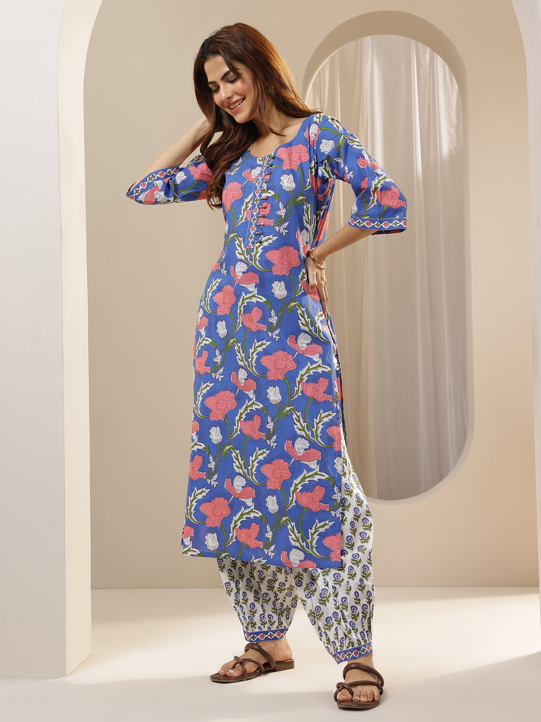 Blue Printed Cotton Straight Suit Sets With Dupatta