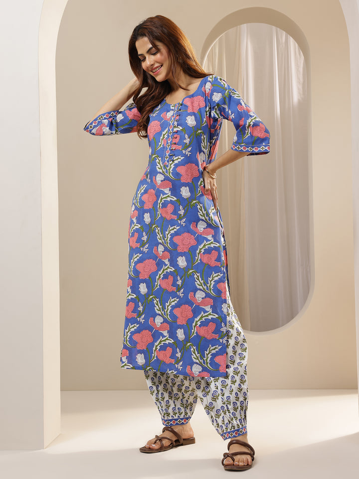 Blue Printed Cotton Straight Suit Sets With Dupatta