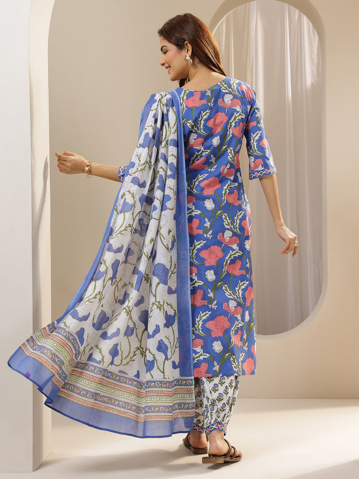 Blue Printed Cotton Straight Suit Sets With Dupatta