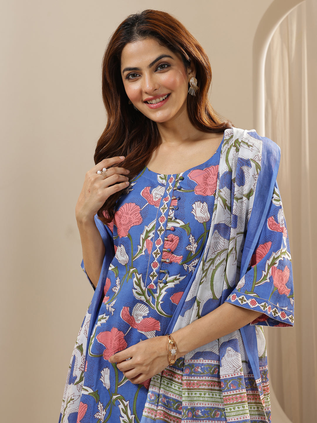 Blue Printed Cotton Straight Suit Sets With Dupatta