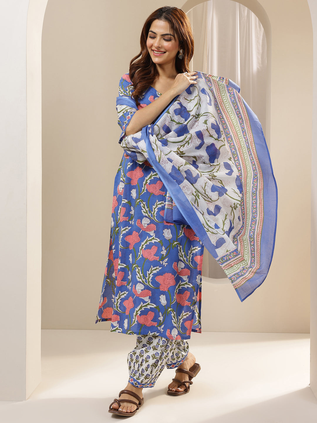 Blue Printed Cotton Straight Suit Sets With Dupatta