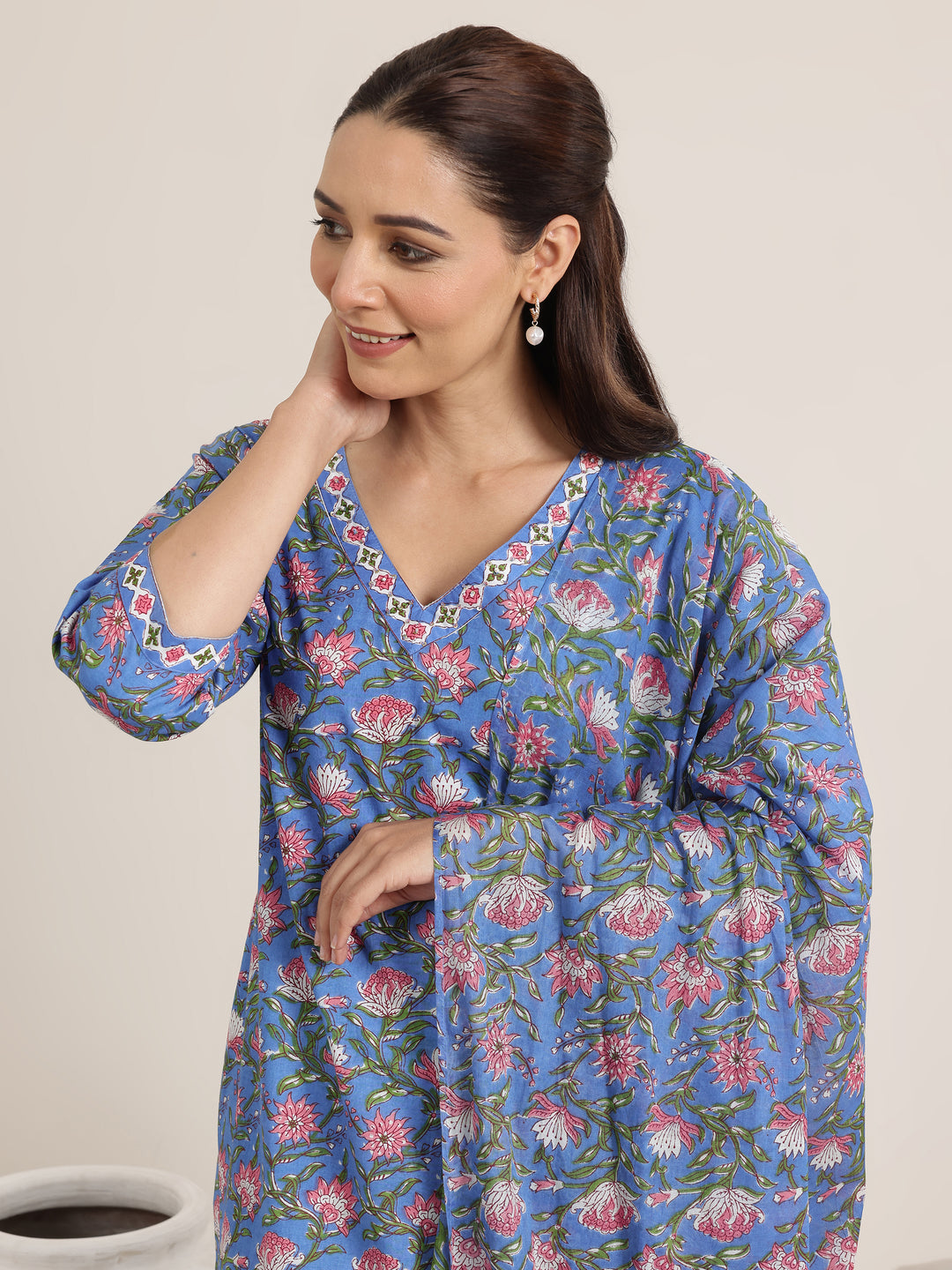 Blue Printed Cotton Straight Suit Set With Dupatta