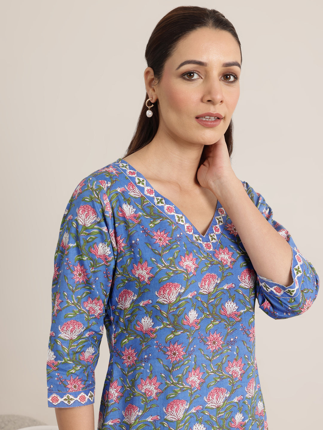Blue Printed Cotton Straight Suit Set With Dupatta