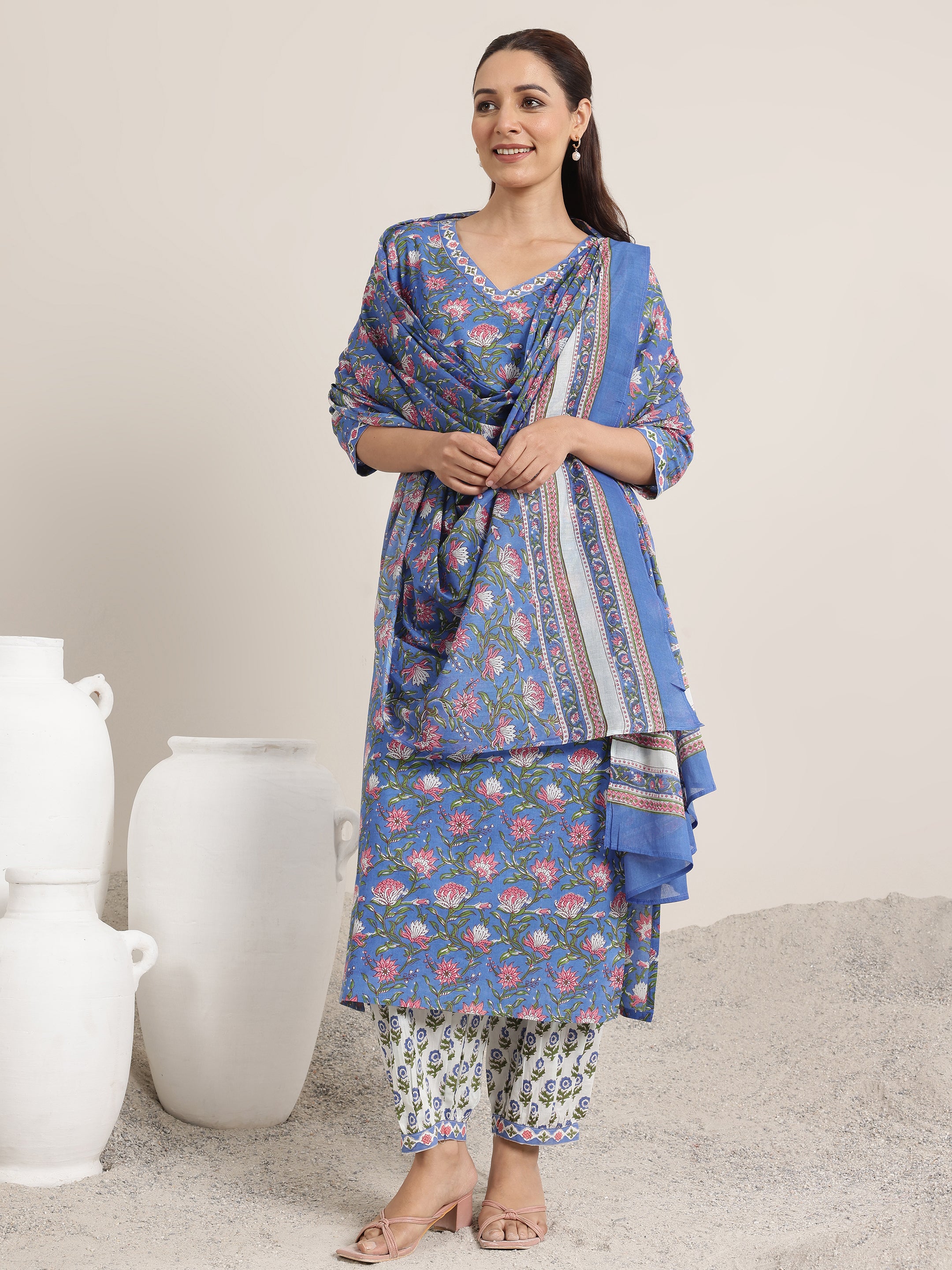 Mauve Printed Cotton Straight Suit Set With Dupatta main image 0
