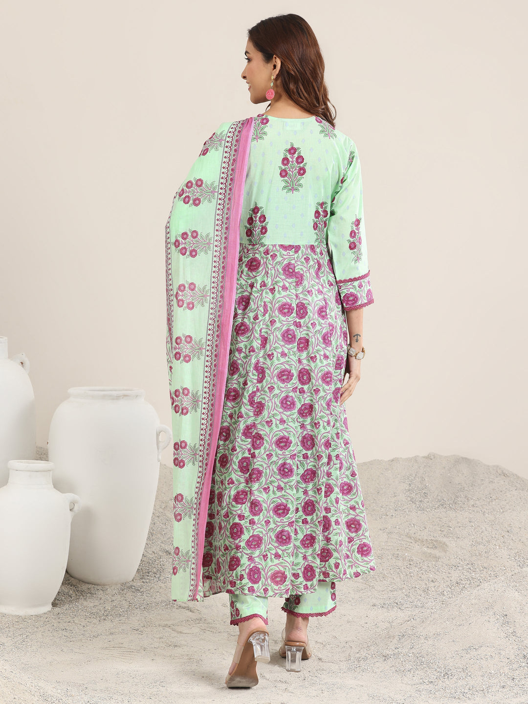 Green Printed Cotton A-Line Suit With Dupatta