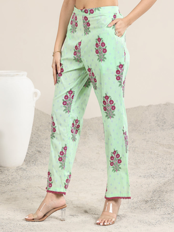 Green Printed Cotton A-Line Suit With Dupatta