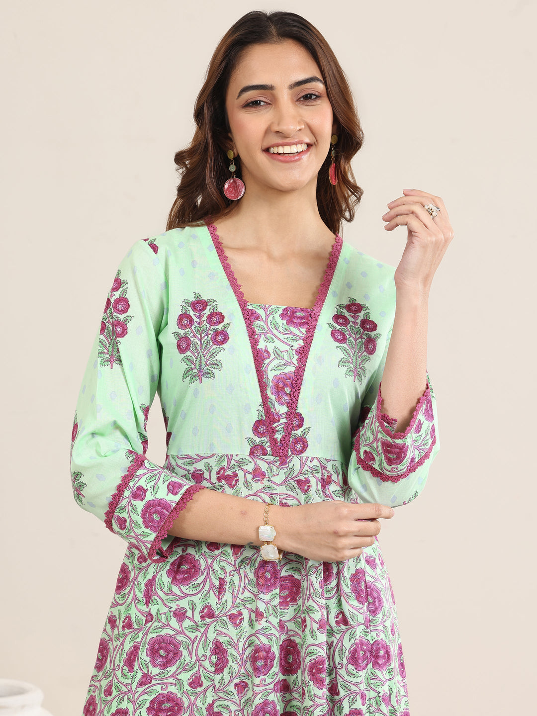 Green Printed Cotton A-Line Suit With Dupatta