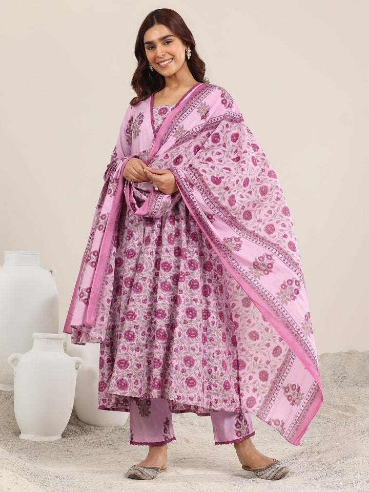 Pink Printed Cotton A-Line Suit With Dupatta