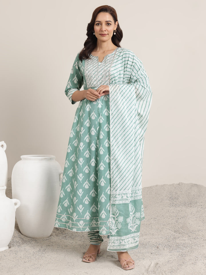 Green Printed Cotton Anarkali Suit Set With Dupatta