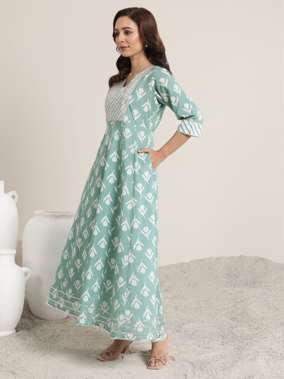 Green Printed Cotton Anarkali Suit Set With Dupatta