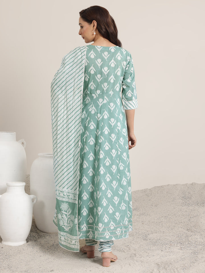 Green Printed Cotton Anarkali Suit Set With Dupatta