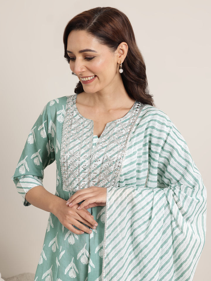 Green Printed Cotton Anarkali Suit Set With Dupatta