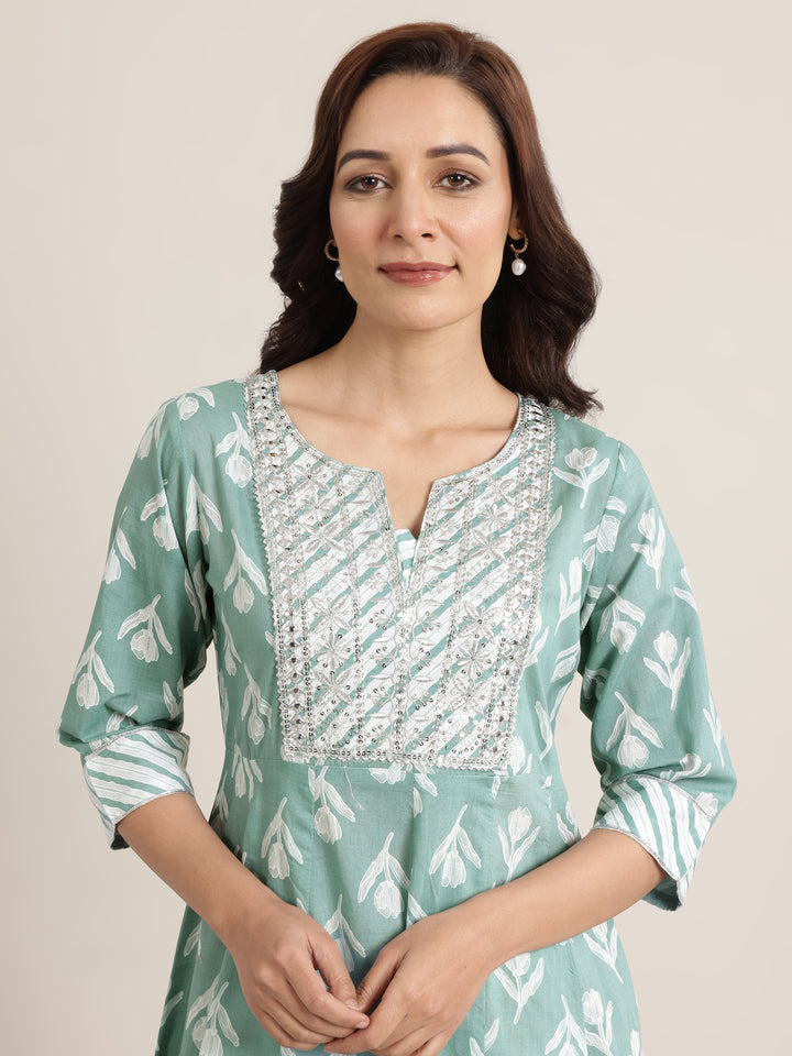 Green Printed Cotton Anarkali Suit Set With Dupatta