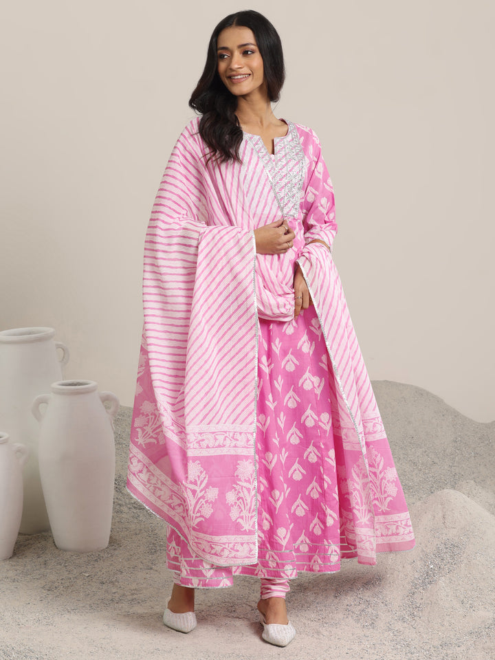 Pink Printed Cotton Anarkali  Suits With Dupatta
