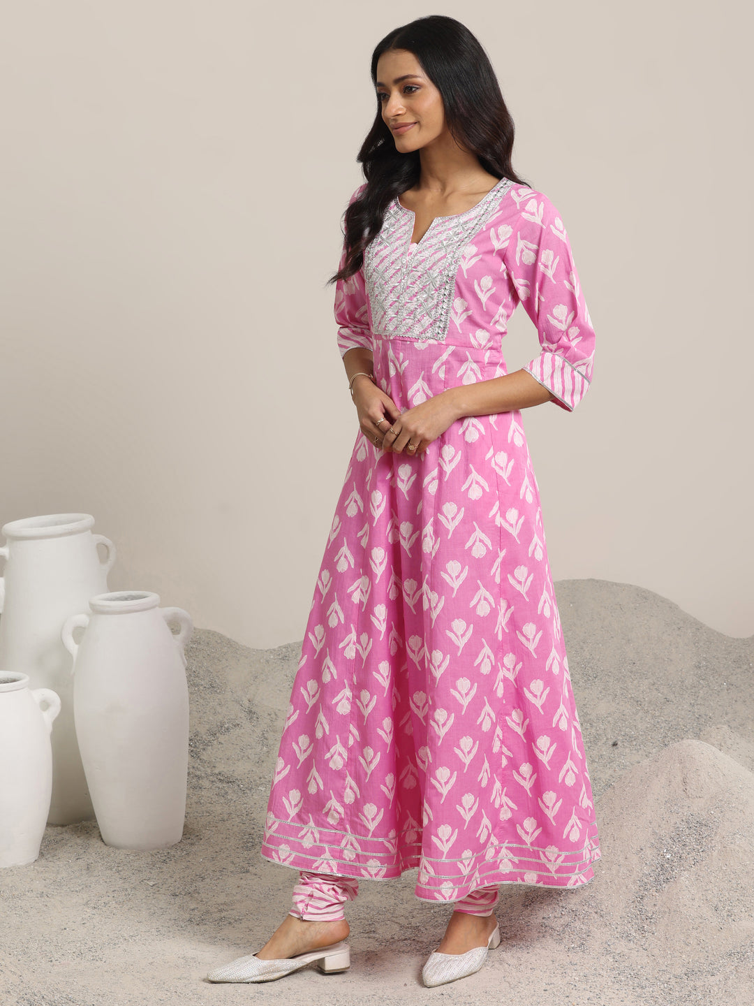 Pink Printed Cotton Anarkali  Suits With Dupatta