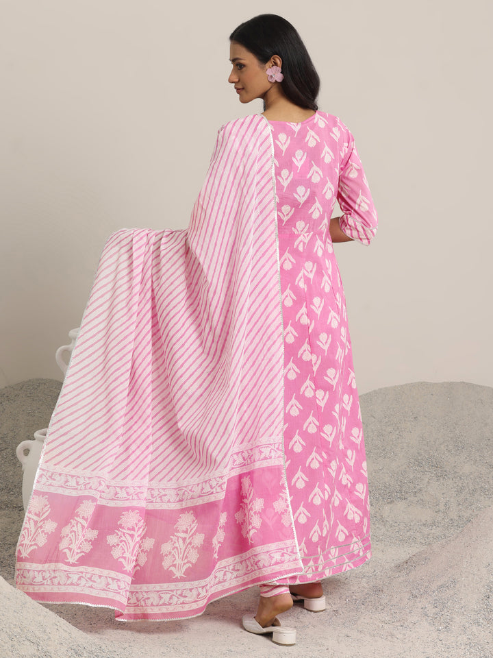 Pink Printed Cotton Anarkali  Suits With Dupatta