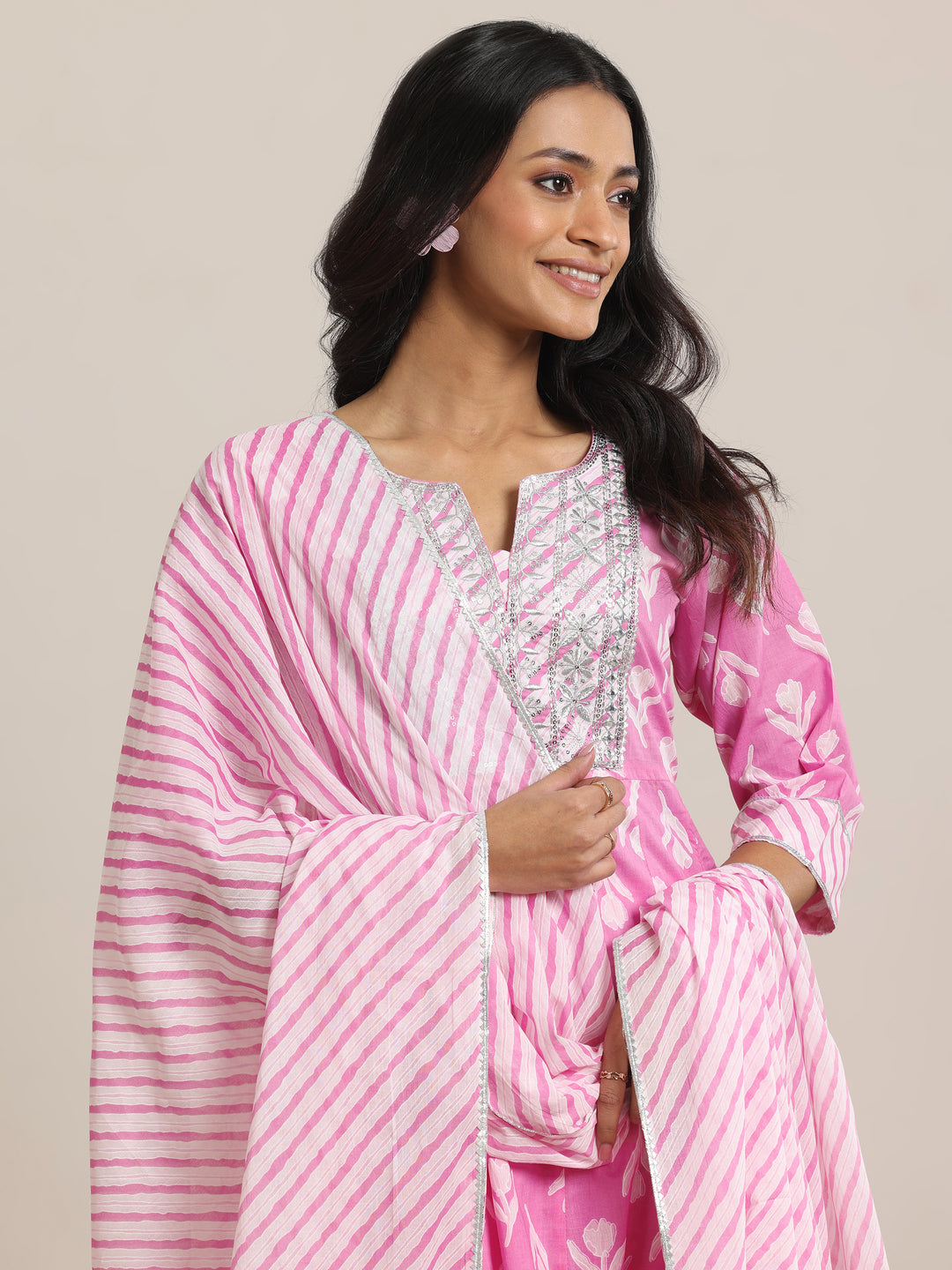 Pink Printed Cotton Anarkali  Suits With Dupatta