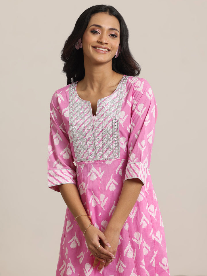 Pink Printed Cotton Anarkali  Suits With Dupatta