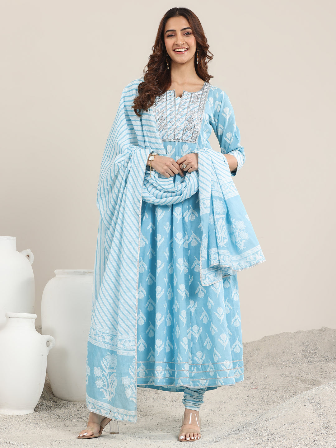 Blue Printed Cotton Anarkali Suit With Dupatta