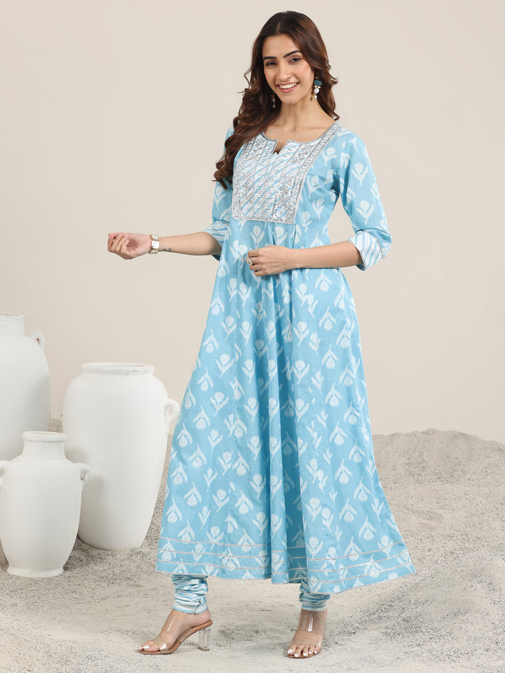 Blue Printed Cotton Anarkali Suit With Dupatta