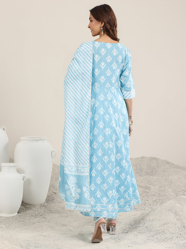 Blue Printed Cotton Anarkali Suit With Dupatta