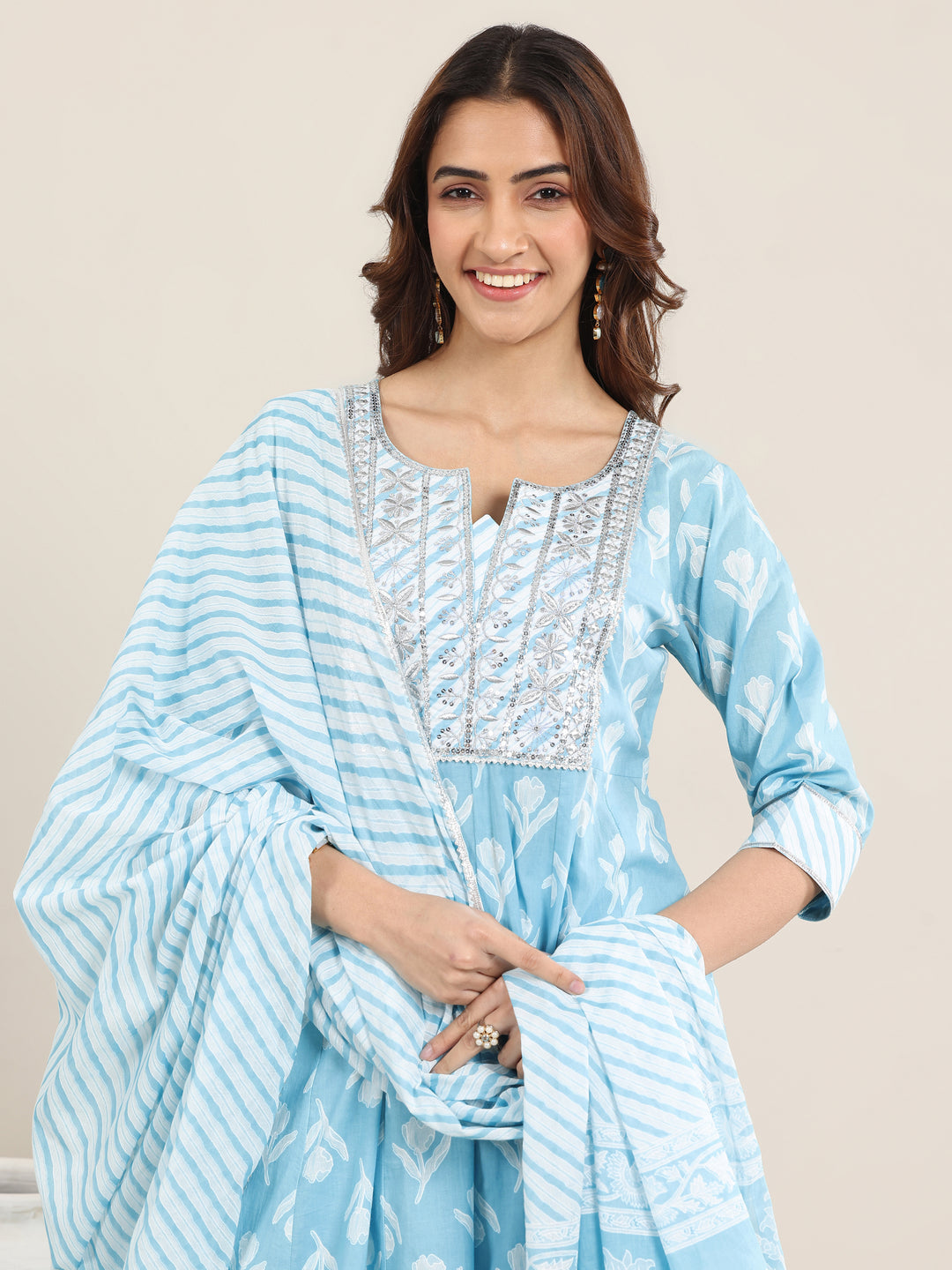 Blue Printed Cotton Anarkali Suit With Dupatta