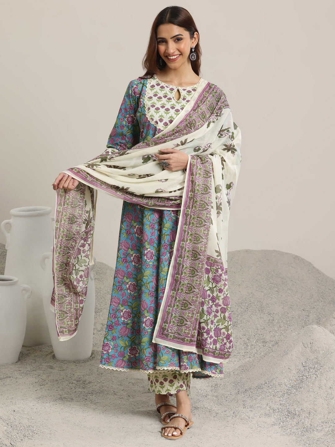 Blue Printed Cotton Anarkali  Suits With Dupatta