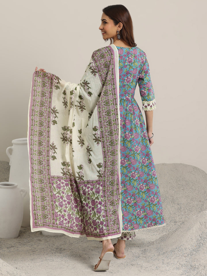 Blue Printed Cotton Anarkali  Suits With Dupatta