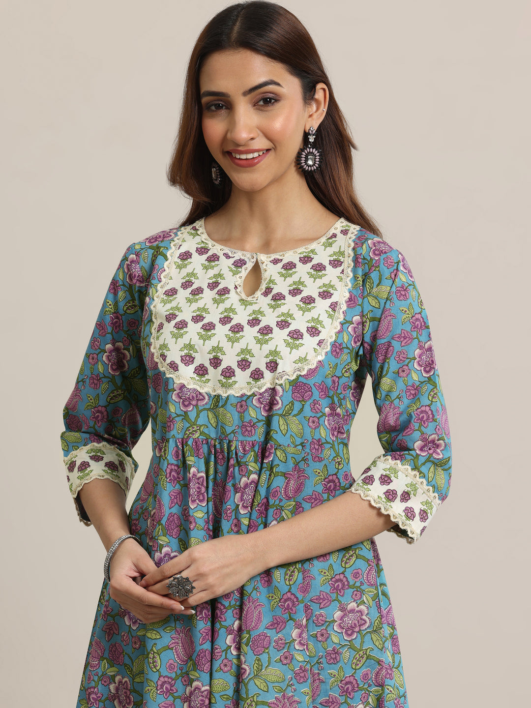 Blue Printed Cotton Anarkali  Suits With Dupatta