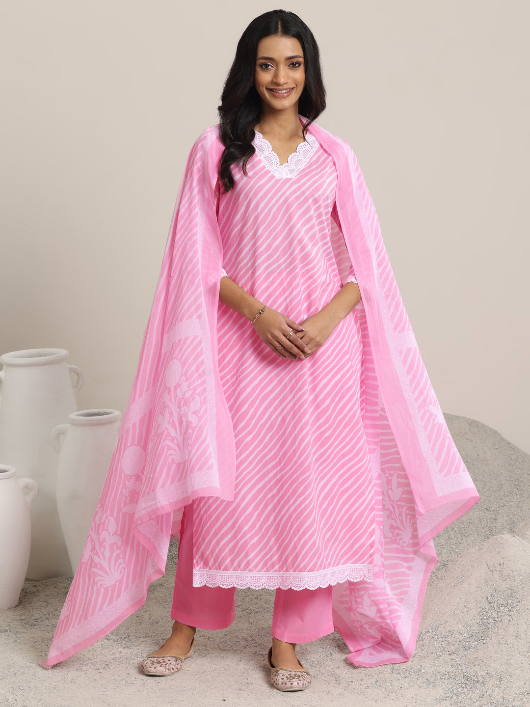 Pink Printed Cotton Straight Suit Set With Dupatta