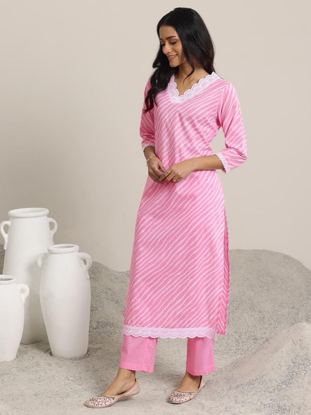 Pink Printed Cotton Straight Suit Set With Dupatta