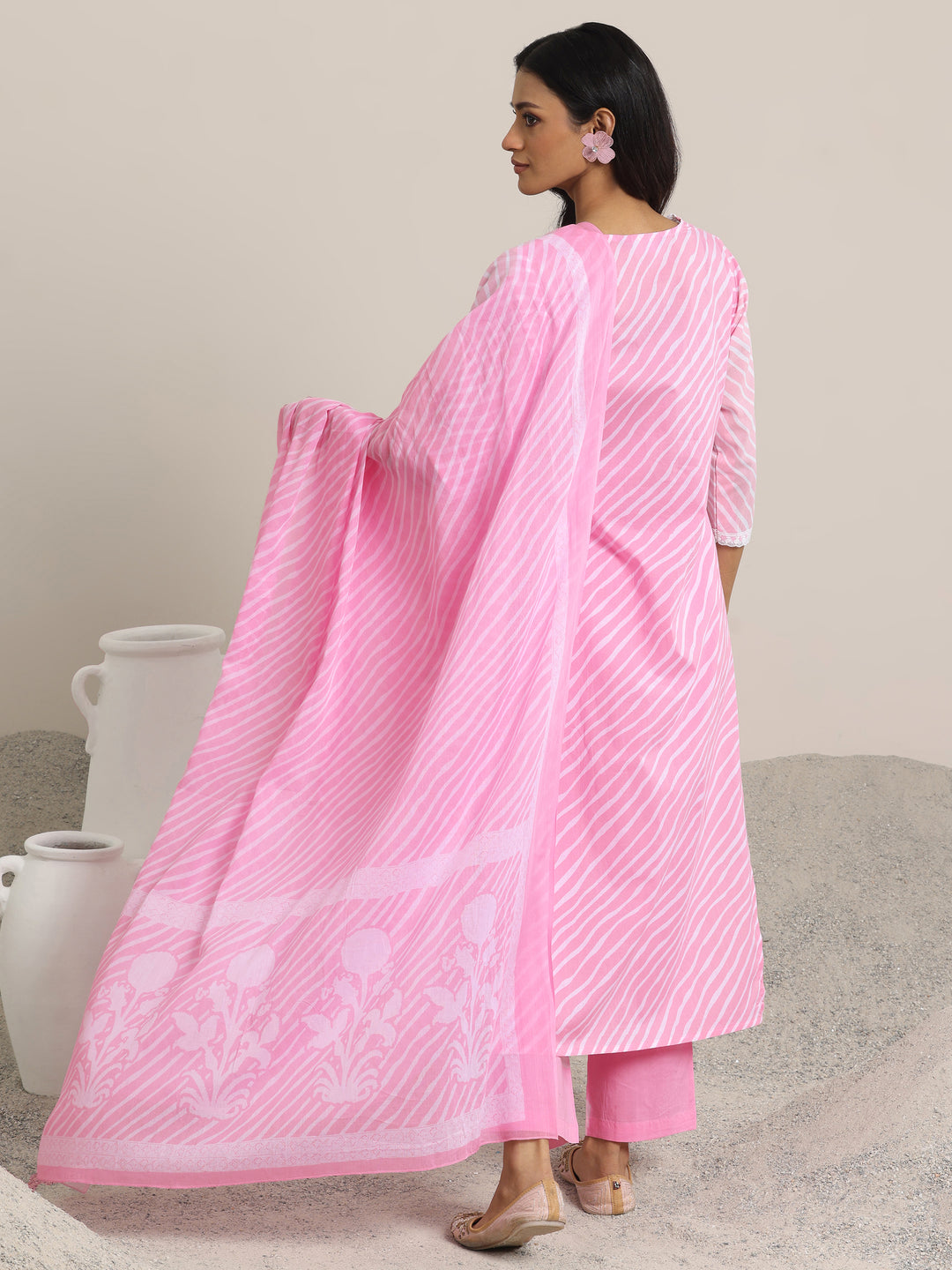 Pink Printed Cotton Straight Suit Set With Dupatta