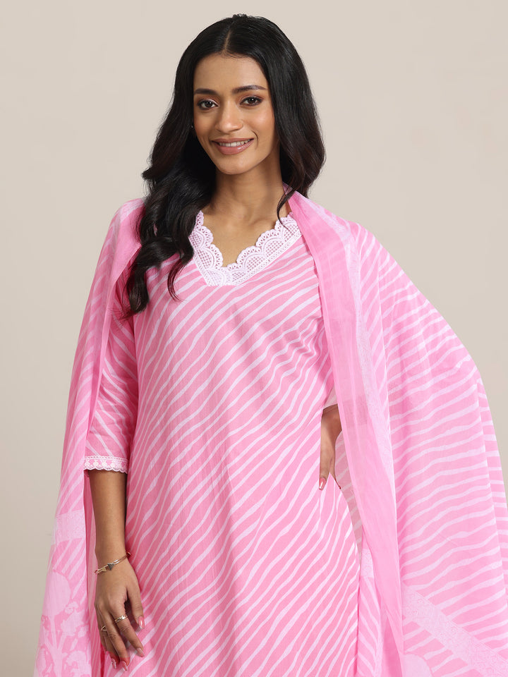 Pink Printed Cotton Straight Suit Set With Dupatta