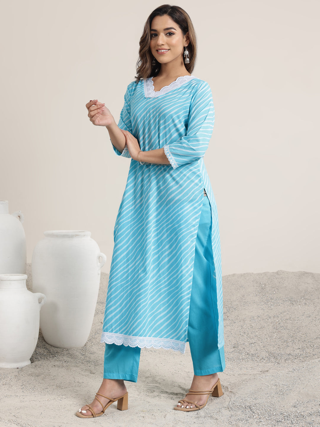 Blue Printed Cotton Straight Suit Set With Dupatta