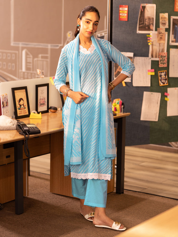 Blue Printed Cotton Straight Suit Set With Dupatta