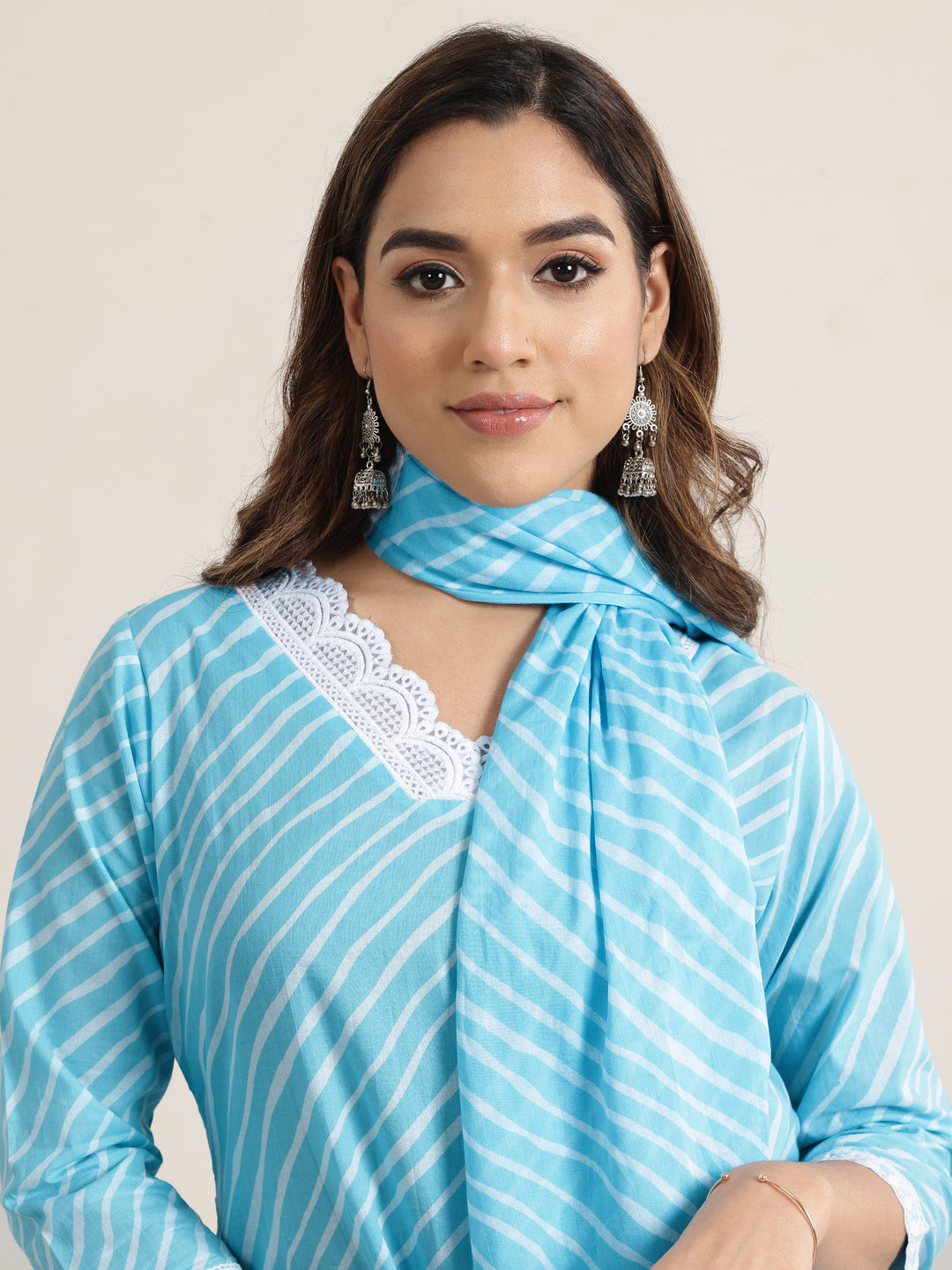 Blue Printed Cotton Straight Suit Set With Dupatta