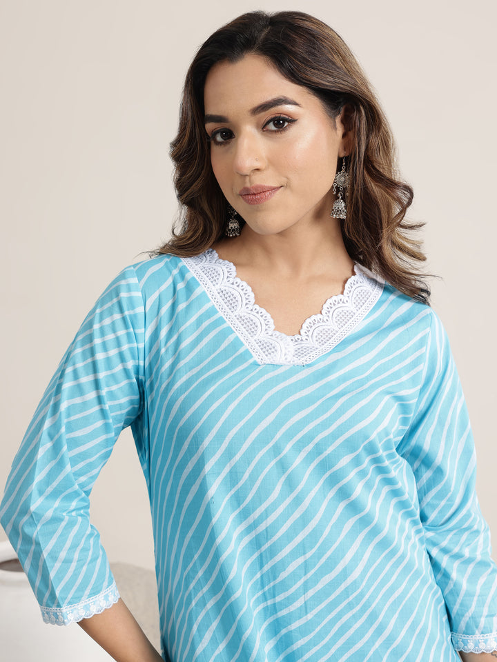 Blue Printed Cotton Straight Suit Set With Dupatta