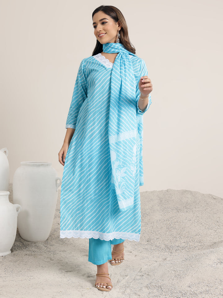 Blue Printed Cotton Straight Suit Set With Dupatta