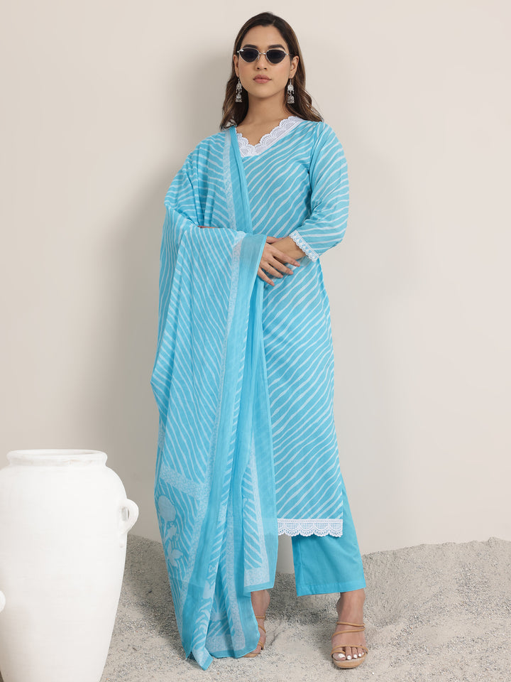 Blue Printed Cotton Straight Suit Set With Dupatta