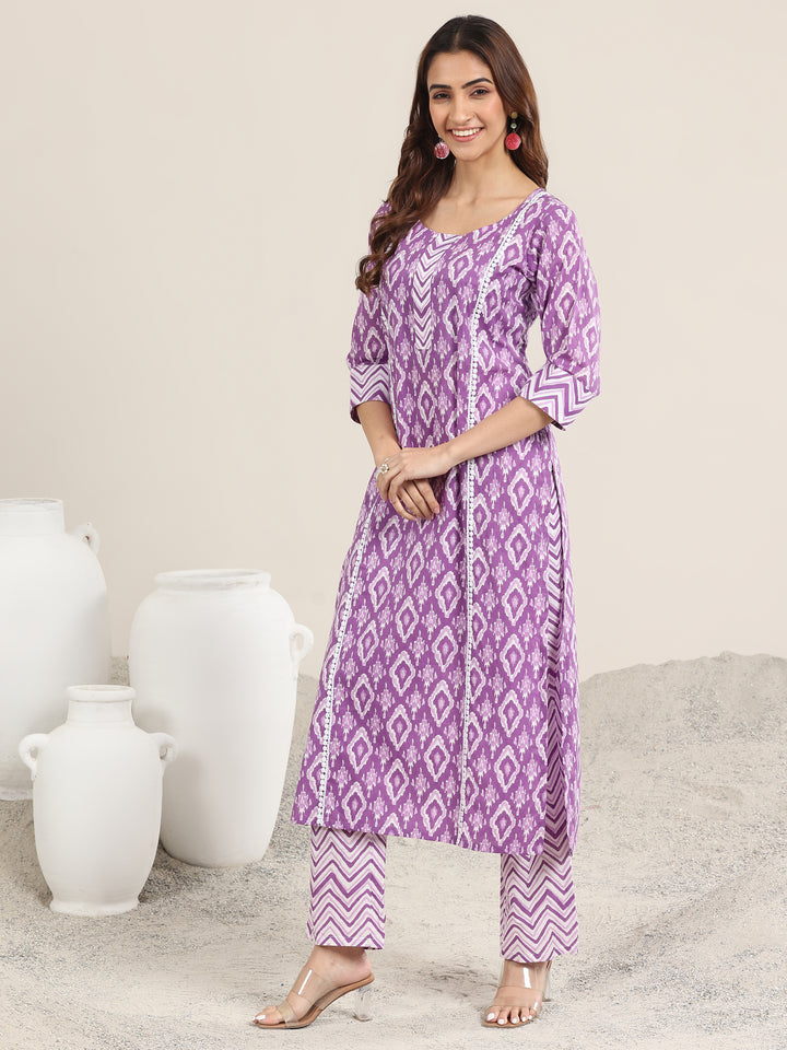 Purple Printed Cotton Straight Suit With Dupatta