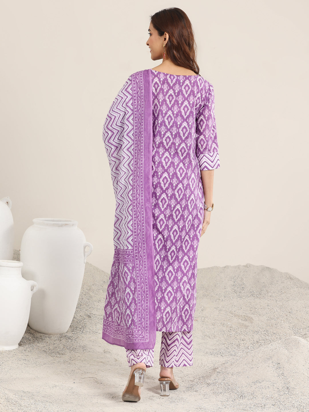 Purple Printed Cotton Straight Suit With Dupatta