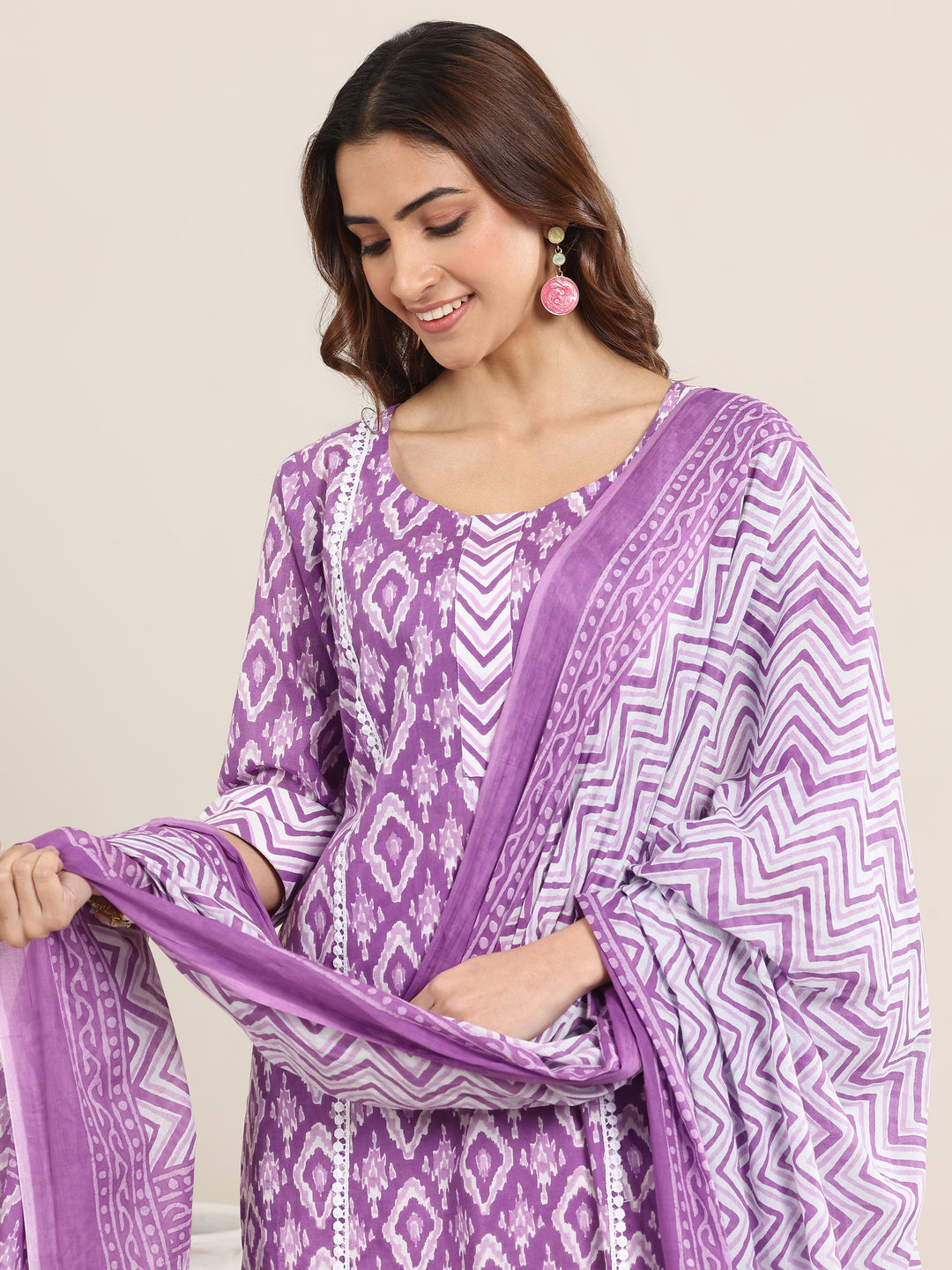 Purple Printed Cotton Straight Suit With Dupatta