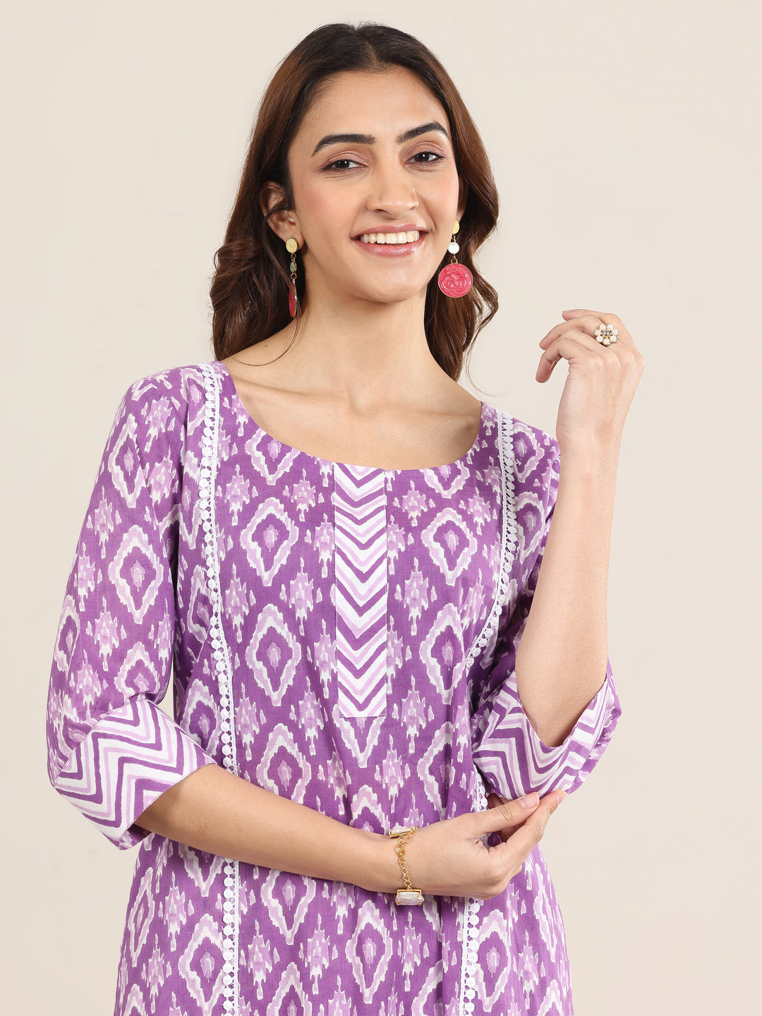 Purple Printed Cotton Straight Suit With Dupatta
