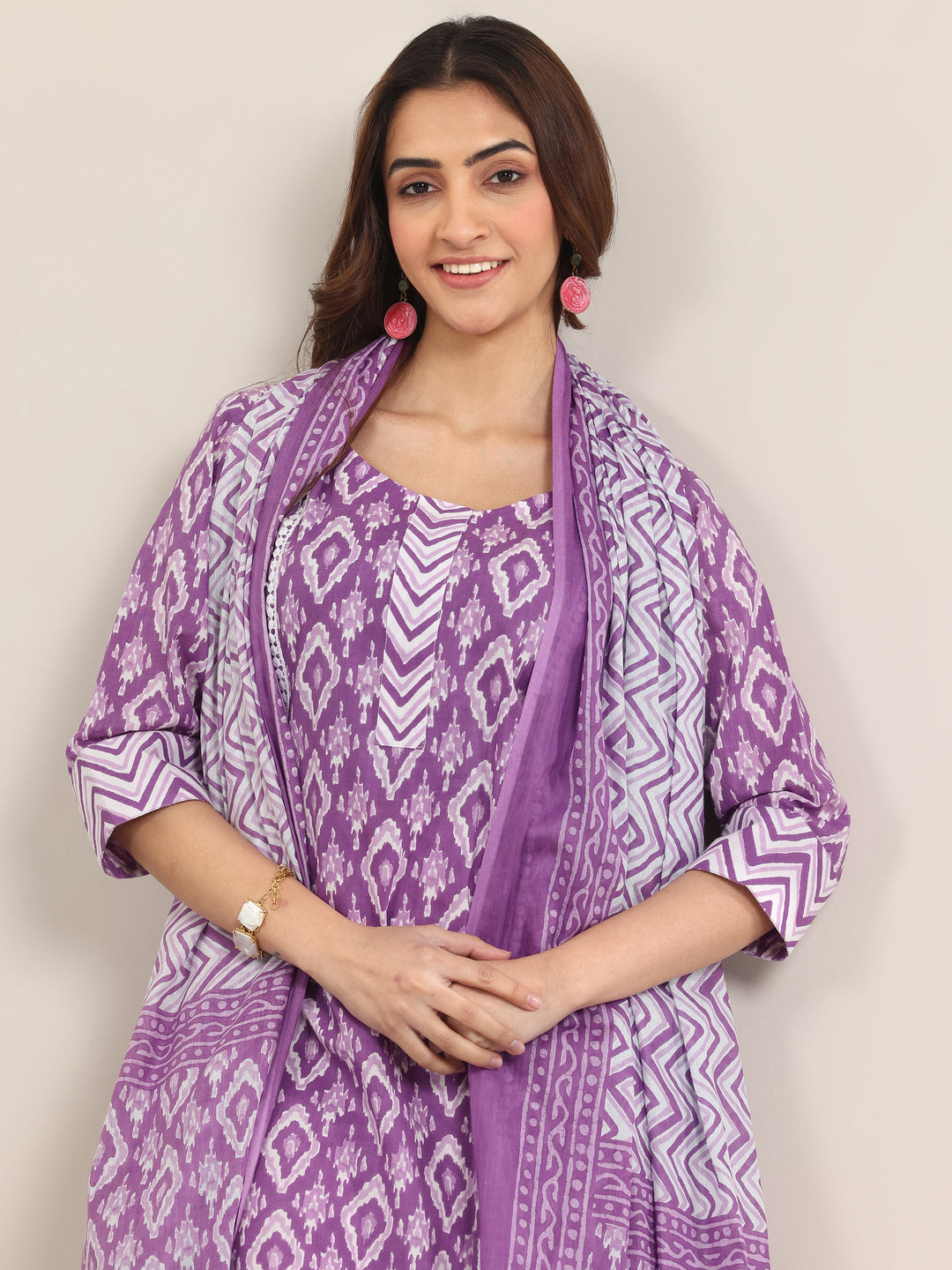 Purple Printed Cotton Straight Suit With Dupatta