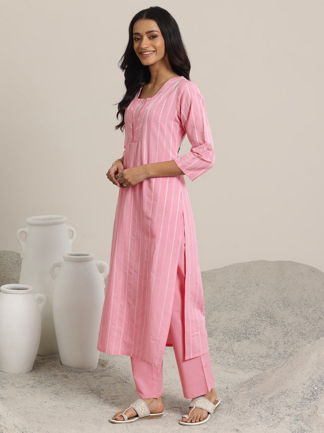 Pink Woven Design Cotton Blend Straight  Suits With Dupatta