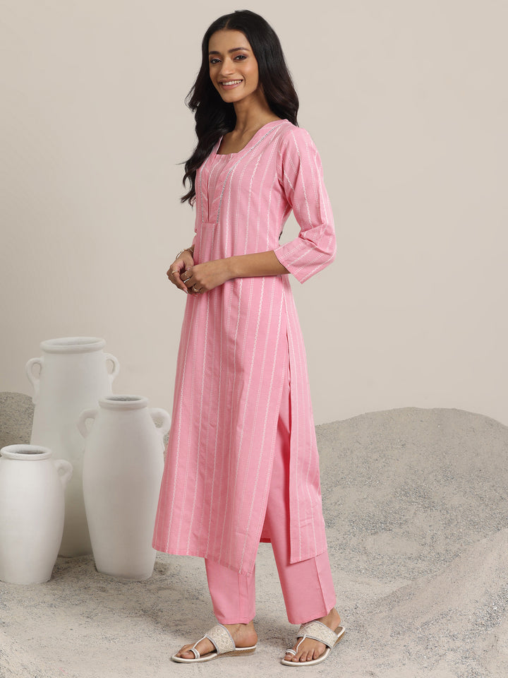 Pink Woven Design Cotton Blend Straight  Suits With Dupatta