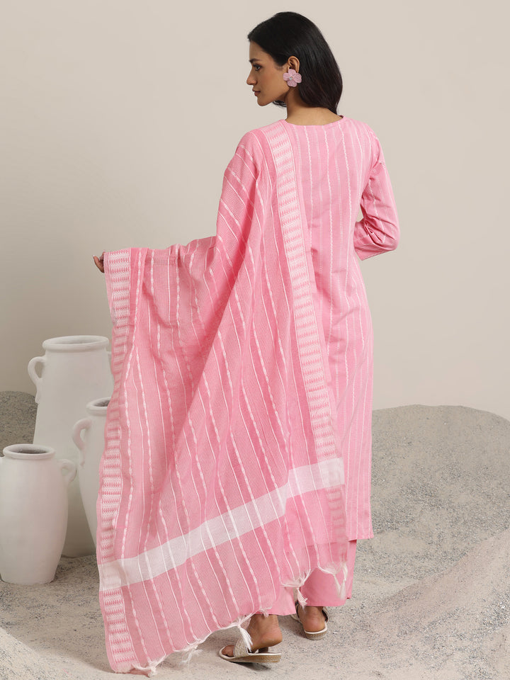 Pink Woven Design Cotton Blend Straight  Suits With Dupatta