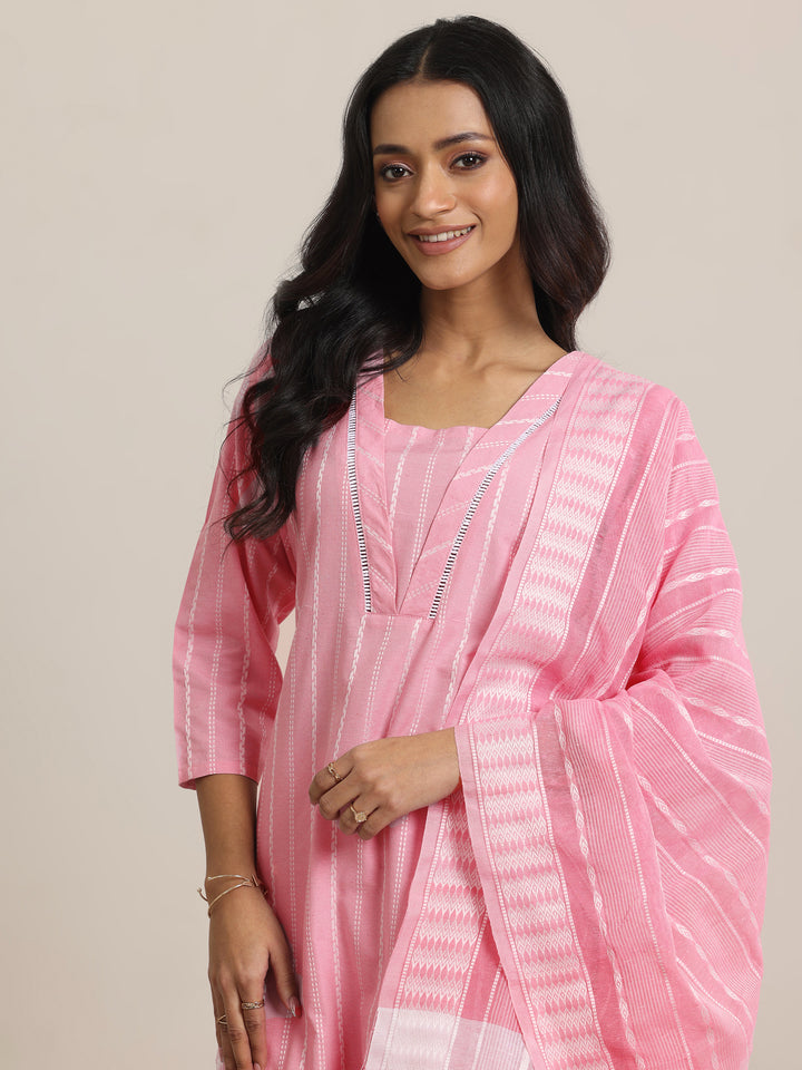 Pink Woven Design Cotton Blend Straight  Suits With Dupatta
